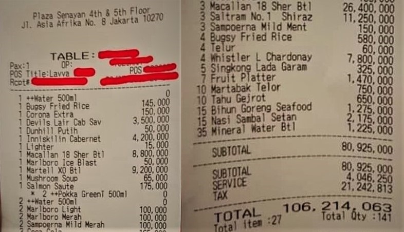 Struk pembayaran makanan dan minuman dengan total Rp. 100 juta lebih yang ramai dibincangkan di twitter, Rabu (29/1/2020) / @FOODFESS2