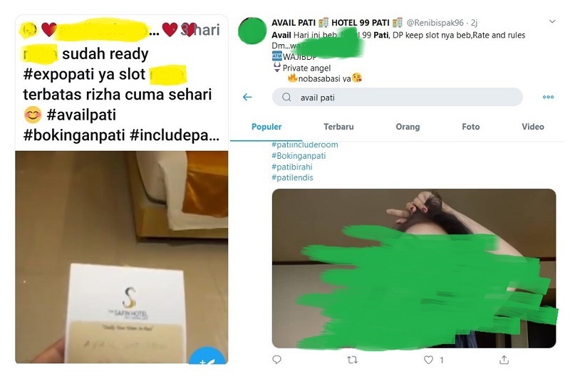 Beberapa promo layanan prostitusi online di media sosial. Lokasinya berada di hotel-hotel mewah di Kota Pati / Clakclik.com